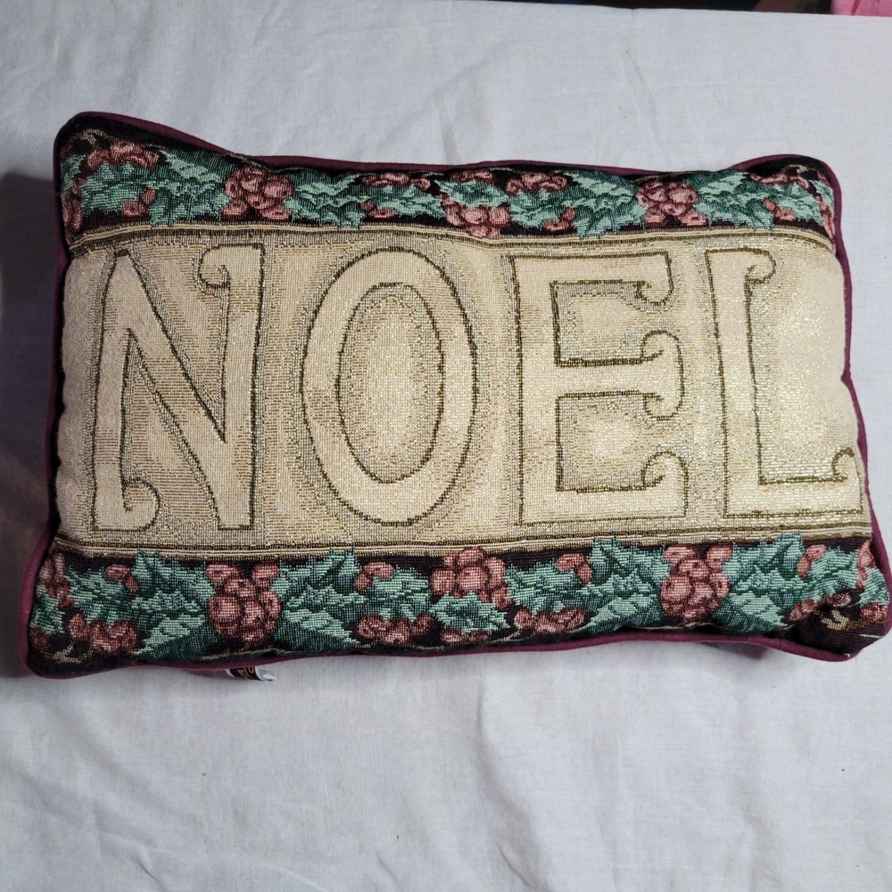 Vintage Noel Christmas Tapestry Decorative Pillow Gold Metallic Burgundy 12x18